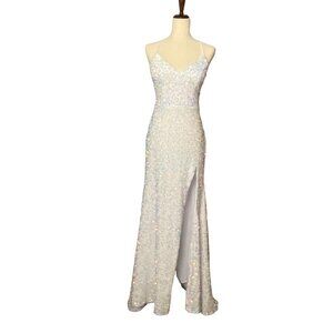 Party Formal Gown Prom Dress V-Neck Straps 10 White Pastel Sequin Slit Backless